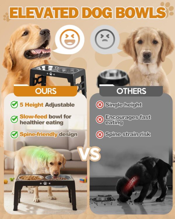 71WvBMKzUkL._AC_SL1500_.jpg Jovrun Elevated Dog Bowls for Medium Large Size Dogs, Non-Slip Dog Feeder with 1*Stainless Steel Dishes & 1*Slow Feeder Bowl, 5 Heights Adjustable Raised Bowls to 3.15″-8.66″-9.84″-11.02″-12.2″
