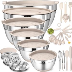 71XR3lo00cL._AC_SL1500_.jpg Mixing Bowls with Airtight Lids Set, 26PCS Stainless Steel Khaki Bowls with Grater Attachments, Non-Slip Bottoms & Kitchen Gadgets Set, Size 7, 4, 2.5, 2.0,1.5, 1QT, Great for Mixing & Serving