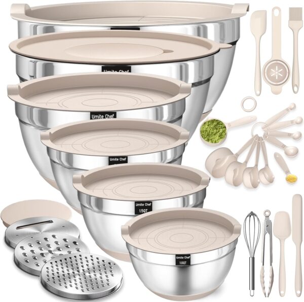 71XR3lo00cL._AC_SL1500_.jpg Mixing Bowls with Airtight Lids Set, 26PCS Stainless Steel Khaki Bowls with Grater Attachments, Non-Slip Bottoms & Kitchen Gadgets Set, Size 7, 4, 2.5, 2.0,1.5, 1QT, Great for Mixing & Serving