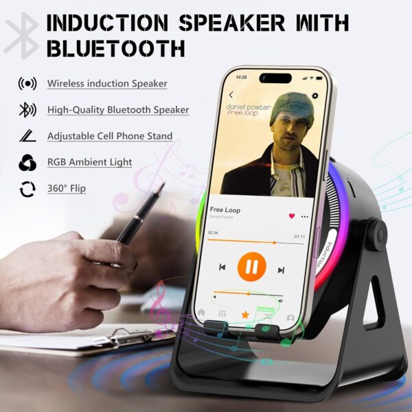 Wireless Induction Speaker, 5-in-1 Bluetooth 5.3 Phone Stand with 360° Rotation & RGB Ambient Light - Cool Tech Gadgets Gifts for Men Women Dad Mom - Compatible iPhone/Android/iPad/Samsung (Black)