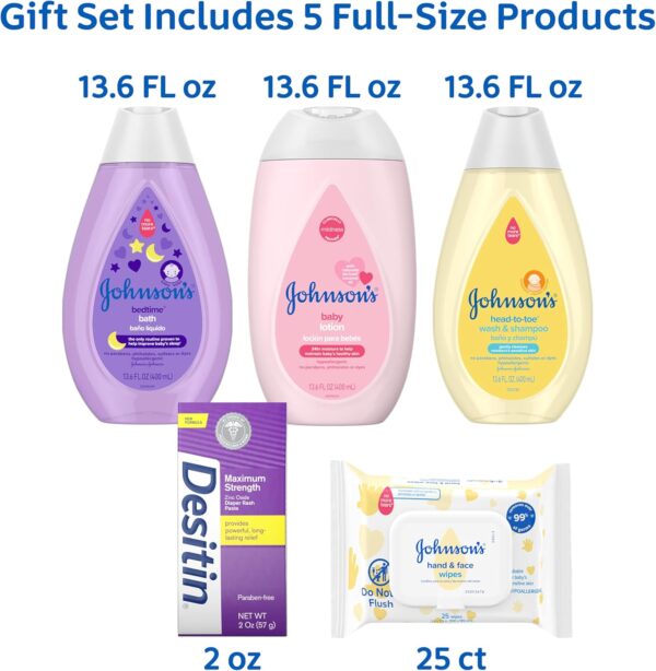 71YFD20HCaL._AC_SL1500_.jpg Johnson's Baby Here Comes Baby Gift Set, Baby Essentials for New Parents with Moisturizing Lotion, Bedtime Bath, Body Wash & Shampoo, Hand & Face Wipes, & Diaper Rash Cream, 5 Items