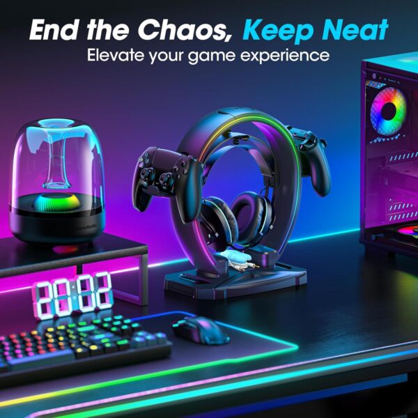 KDD RGB Headphone & Controller Stand with 9 Light Modes - Foldable Controller Hanger for Desk - Earphone Stand with Cable Organizer - for Gamers Desktop Accessories