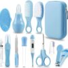 PandaEar Baby Healthcare & Grooming Kit - Baby Safety Set Comb, Brush, Finger Toothbrush, Nail Clippers, Scissors, Nasal Aspirator - Nursery Care Kit (Blue)