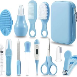 71YSwuhpYiL._AC_SL1500_.jpg PandaEar Baby Healthcare & Grooming Kit - Baby Safety Set Comb, Brush, Finger Toothbrush, Nail Clippers, Scissors, Nasal Aspirator - Nursery Care Kit (Blue)