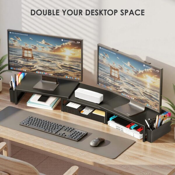 71Z7X8PzwuL._AC_SL1500_.jpg OPNICE Desk Organizers and Accessories, Dual Monitor Stand Riser with Drawer and 2 Pen Holders, Desk Shelf Metal Computer Racks for Office Workspace Organizers, Desktop Organization (Black Metal)