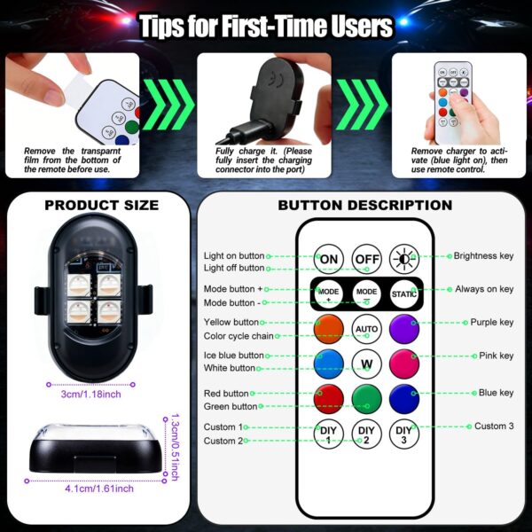 71ZB1Ji2GYL._AC_SL1500_.jpg Upgraded Wireless LED Lights for Car, Rechargeable Interior Car Lights with 8 Colors Brightness Adjustable, 12H Battery Life, Remote Control, Mini Strobe Lights for Vehicle Motorcycle Bike Decor