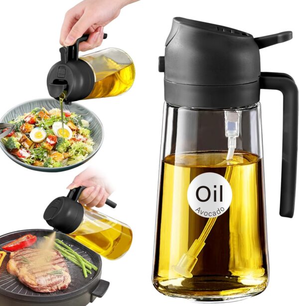 71ZjnwrH7iL._AC_SL1500_.jpg YARRAMATE 16oz/470ml Glass Olive Oil Sprayer for Cooking with Stickers, 2 in 1 Oil Dispenser for Kitchen Gadgets, Food Grade Premium Spray Bottle with Portion Control for Salad, Frying, BBQ (Black)