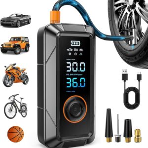 71aFYcrc6ML._AC_SL1500_.jpg Tire Inflator Portable Air Compressor, Cordless & 12V DC Air Inflator for Car Bikes MotorcycleTires Balls with Auto Shut-Off, Digital Pressure Gauge, Compact Emergency Pump