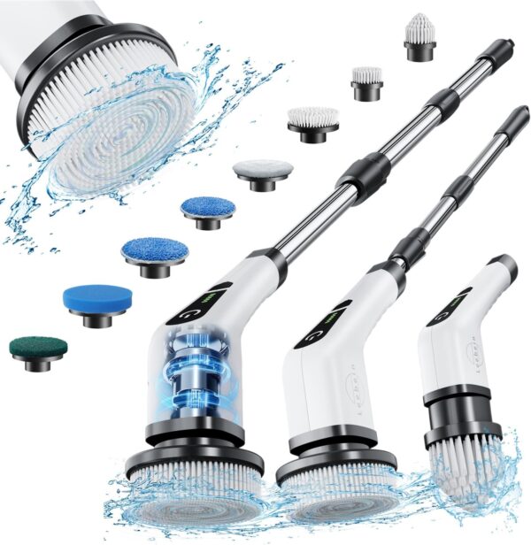 71aQbSwuNxL._AC_SL1500_.jpg Leebein Electric Spin Scrubber, Cordless Cleaning Brush with 8 Replaceable Brush Heads, Tub and Floor Tile 360 Power Scrubber Dual Speed with Adjustable & Detachable Handle for Bathroom Kitchen Car