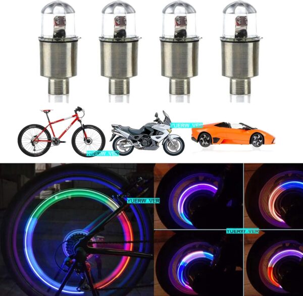 71aesG00JOL._AC_SL1500_.jpg 4 Pack LED Bike Wheel Lights Car Tire Valve Stems Caps Bicycle Motorcycle Waterproof Tyre Spoke Flash Light Cool Reflector Accessories for Men Women Kids (Colorful)