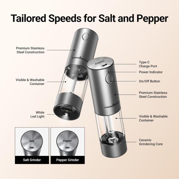 71c6eZ7jQWL._AC_SL1500_.jpg ThermoMaven Upgraded Larger Capacity Electric Salt and Pepper Grinder Set, 110ml Rechargeable Salt and Pepper Shaker with LED Light, Stainless Steel Automatic Pepper Mill with 6 Adjustable Coarseness
