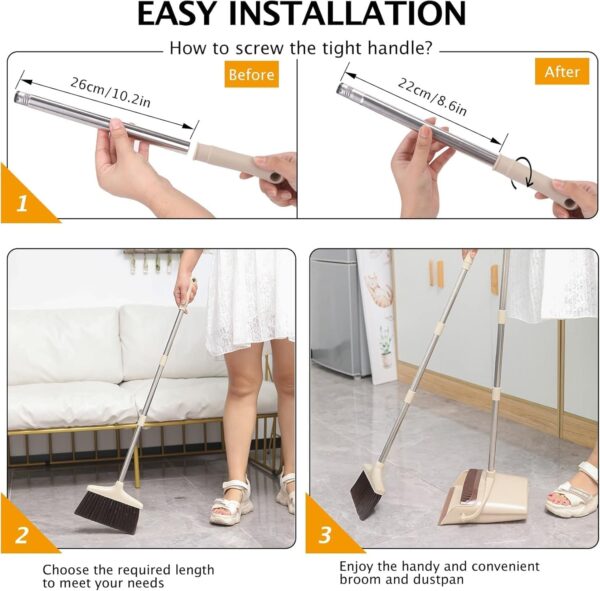 71cPqT3B9yL._AC_SL1500_.jpg Broom and Dustpan Set with Long Handle, Light Weight Stainless Steel Poles Stand Upright Dustpans with Broom Combo for Home Kitchen Office Pet Dog Hair, Brown & Beige Color, 1-Pack