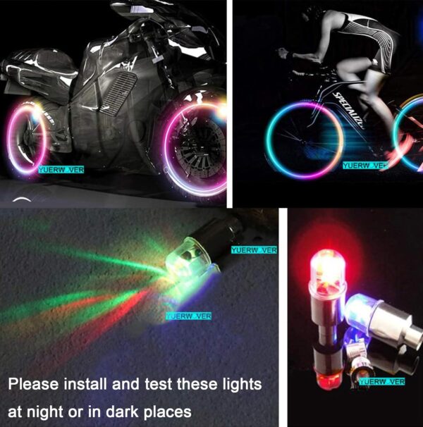 71cTU9H9f1L._AC_SL1500_.jpg 4 Pack LED Bike Wheel Lights Car Tire Valve Stems Caps Bicycle Motorcycle Waterproof Tyre Spoke Flash Light Cool Reflector Accessories for Men Women Kids (Colorful)
