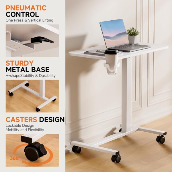 GTPLAYER Small Standing Desk with Wheels, Pneumatic Mobile Rolling Laptop Desk, Adjustable Height Overbed Bedside Table Computer Workstation for Home Office (28" W x 16" D, White)