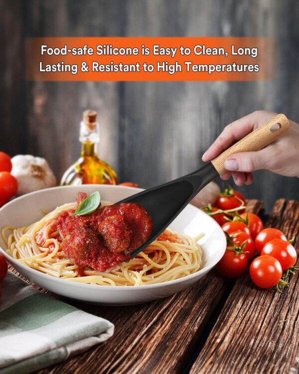 71fEINQXujL._AC_SL1500_.jpg Cooking Spoon for Nonstick Cookwares, Great for Cooking and Serving Sturdy BPA-Free Matte Silicone, Wood Handle Spoon for Mixing, Scoop, and Scrape (Black & Grey, 11.4 inch)