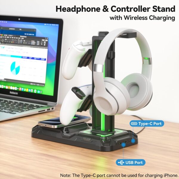71g0tQDIR5L._AC_SL1500_.jpg KDD Headphone & Controller Stand with Wireless Charging - Rotatable Headset Stand with 9 Light Modes - Controller Holder with 2 USB and Type C Ports - for Gamers Desktop Accessories