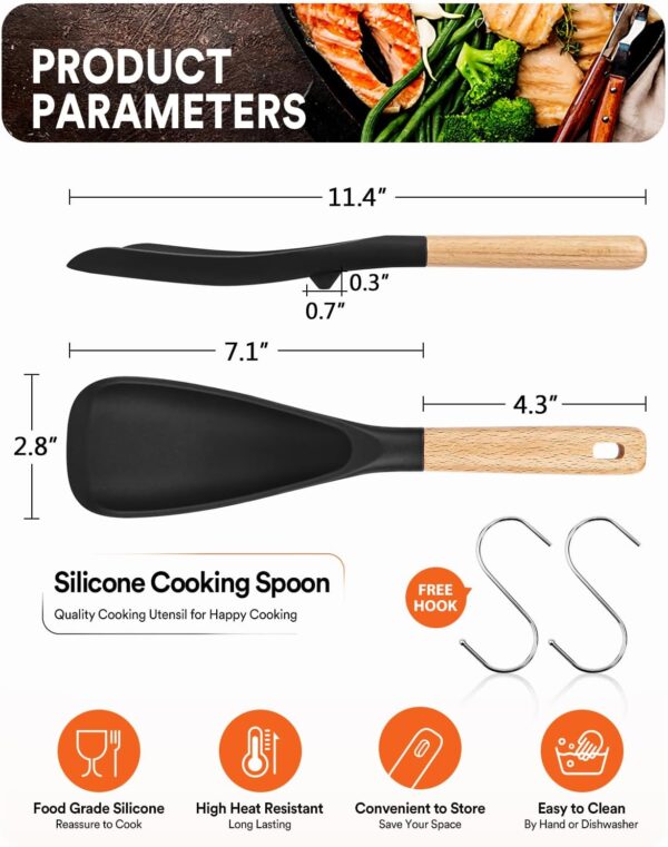 71g2U971w6L._AC_SL1500_.jpg Cooking Spoon for Nonstick Cookwares, Great for Cooking and Serving Sturdy BPA-Free Matte Silicone, Wood Handle Spoon for Mixing, Scoop, and Scrape (Black & Grey, 11.4 inch)