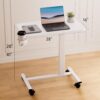 GTPLAYER Small Standing Desk with Wheels, Pneumatic Mobile Rolling Laptop Desk, Adjustable Height Overbed Bedside Table Computer Workstation for Home Office (28" W x 16" D, White)
