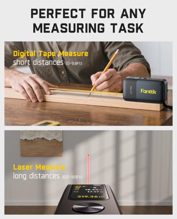 71gA78j1BtL._AC_SL1500_.jpg Fanttik A10 Pro 2-in-1 Digital Laser Tape Measure with HD IPS Color Display, 165Ft Rechargeable Laser Measurement Tool & 9.8Ft Measuring Tape, 6 Units Selectable, for Distance/Area/Volume