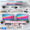 gianotter Dual Monitor Stand Riser, Desk Organizer With Drawer and 2 Pen Holders,Desk Organizers and Accessories, Pink Office Supplies (Pink)