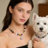 Handmade Matching Dog Collar & Owner Necklace Replaceable Pendant (Round Ball+Memory Vial) for Storing Pet Fur Gemstone Beaded Jewelry Set Dog Collar for Puppy, Large Cat Collar Set for Pet Lovers