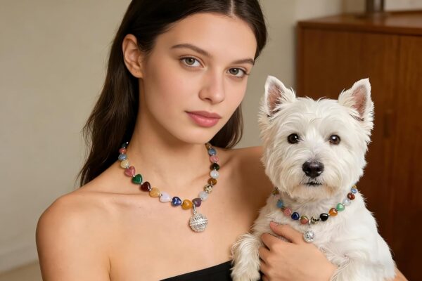 Handmade Matching Dog Collar & Owner Necklace Replaceable Pendant (Round Ball+Memory Vial) for Storing Pet Fur Gemstone Beaded Jewelry Set Dog Collar for Puppy, Large Cat Collar Set for Pet Lovers
