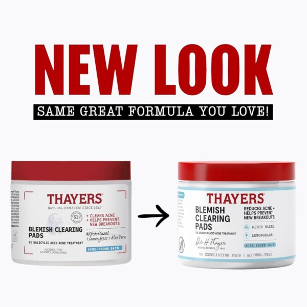 Thayers Blemish Clearing Acne Pads, Salicylic Acid Acne Treatment for Face, Pore Reducing, Exfoliating, and Soothing Skincare, Witch Hazel Toner Pads, 60 Ct