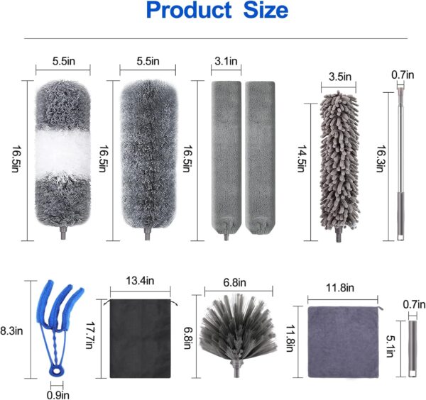 Microfiber Duster Kit (11PCS) - Washable Dusters with Extension Pole (30 to 100 in) for Cleaning Ceilings, Fans, Furniture