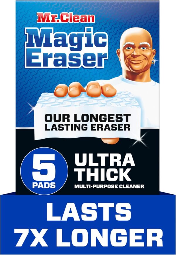 71hGqfvGKsL._AC_SL1500_.jpg Mr. Clean Magic Eraser Sponge, All Purpose Cleaner, Long Lasting Cleaning Scrubber, Wall Cleaner, Sneaker Cleaner, Oven Cleaner, Kitchen, Bathroom, Shower Cleaning Supplies, Ultra Thick, 5ct