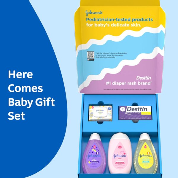 71hTUF-FjPL._AC_SL1500_.jpg Johnson's Baby Here Comes Baby Gift Set, Baby Essentials for New Parents with Moisturizing Lotion, Bedtime Bath, Body Wash & Shampoo, Hand & Face Wipes, & Diaper Rash Cream, 5 Items
