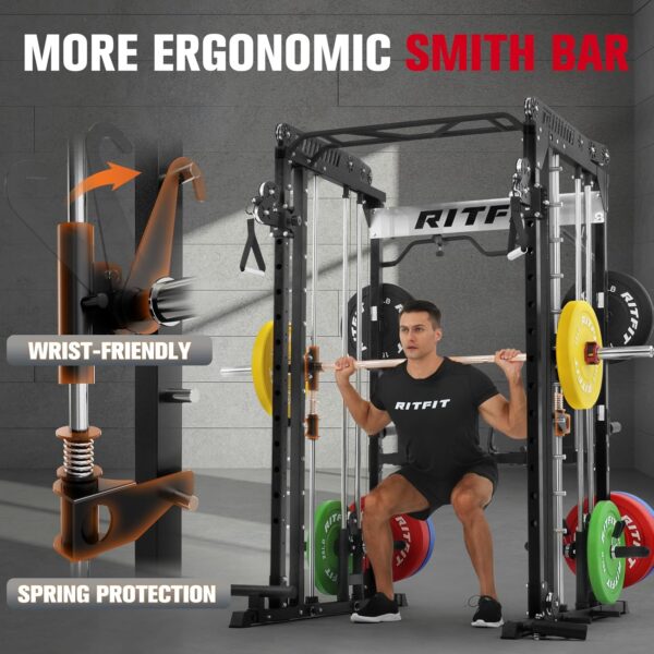 71hXkeIYwhL._AC_SL1500_.jpg RitFit M1 Pro Smith Machine with Cable Crossover System, Multi-Function Squat Rack Power Cage for Home Gym, Power Rack and Packages