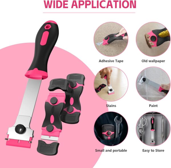 71i37WnMQL._AC_SL1500_.jpg Ywmoml 3 Pack Razor Blade Scraper Set, Includes 30 Plastic & 30 Metal Blades, Multi-Purpose Tool for Glass, Cooktop, Sticker Removal, Paint & Gum Cleaning (Pink)