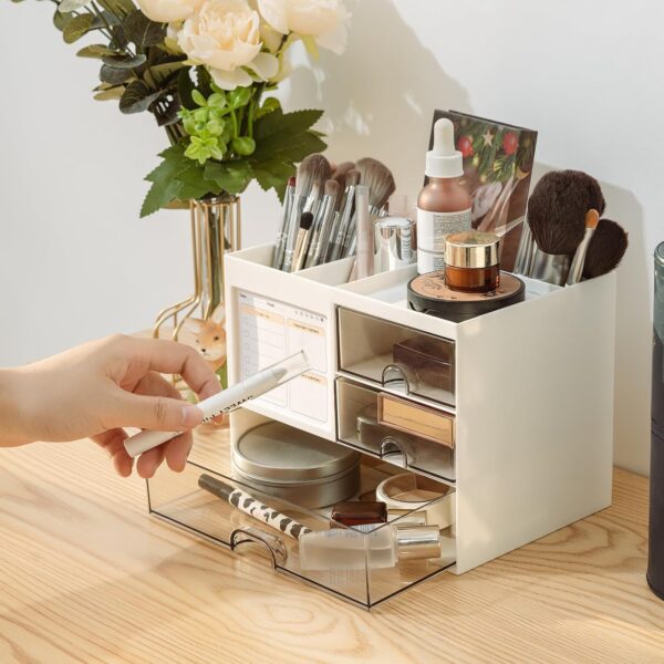 QIYVLOS Desk Organizer with 3 Drawer, Multi-Functional Pencil Pen Holder for Desk, Desk Organizers and Storage with 8 Compartments, Desktop Organizer for Office Home Art Supplies (White)