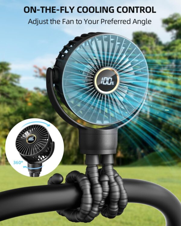 71iK7ZCTBAL._AC_SL1500_.jpg Portable Stroller Mini Fan, Small Rechargeable Personal Fan, Baby Travel Essentials for Wagon, Car Seat, Treadmill, Battery Powered Biking Gear Accessories, 360° Rotation, 3-Speed, Display, Black