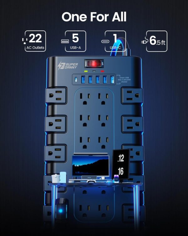 71ikbjCLPoL._AC_SL1500_.jpg Power Strip, SUPERDANNY Surge Protector with 22 AC Outlets and 6 USB Charging Ports, 1875W/15A, 2100 Joules, 6.5Ft Flat Plug Heavy Duty Extension Cord for Home, Office, Dorm, Gaming Room, Black