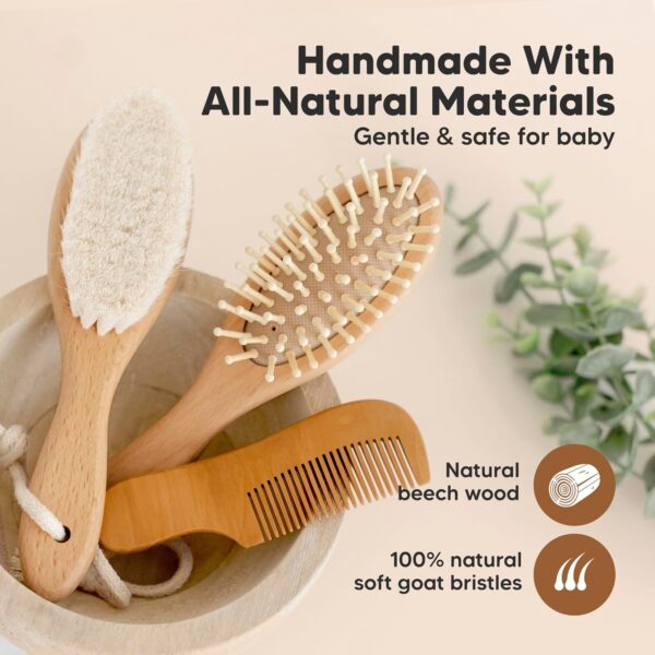Baby Hair Brush Set for Newborns - Soft Goat Bristle Wooden Baby Brush and Comb Set Newborn Grooming Kit for Cradle Cap, Durable & Gentle, Boy, Girl Infant Essentials Care Kit (Regular, Walnut)