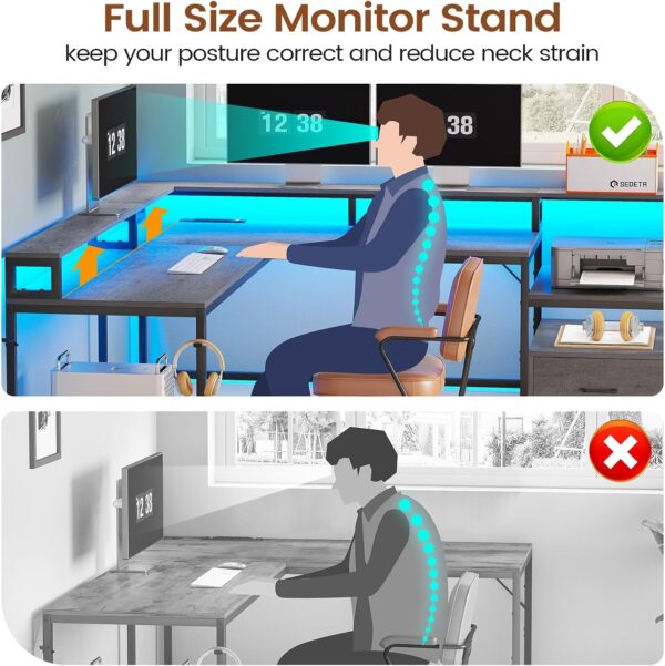 SEDETA L Shaped Desk, 66" Home Office Desk with Wood File Drawer & Power Outlet, Gaming Desk with Led Lights, Corner Computer Desk with Monitor Shelf, Printer Storage Shelves, Two Person Desk, Grey