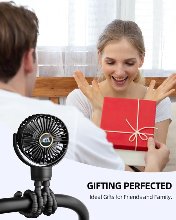 71kOznq-0jL._AC_SL1500_.jpg Portable Stroller Mini Fan, Small Rechargeable Personal Fan, Baby Travel Essentials for Wagon, Car Seat, Treadmill, Battery Powered Biking Gear Accessories, 360° Rotation, 3-Speed, Display, Black