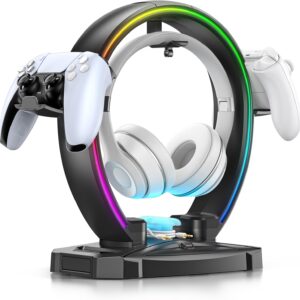 71lUM0CQtL._AC_SL1500_.jpg KDD RGB Headphone & Controller Stand with 9 Light Modes - Foldable Controller Hanger for Desk - Earphone Stand with Cable Organizer - for Gamers Desktop Accessories