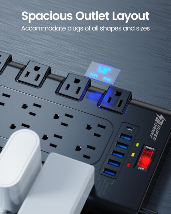 71mcvwRh66L._AC_SL1500_.jpg Power Strip, SUPERDANNY Surge Protector with 22 AC Outlets and 6 USB Charging Ports, 1875W/15A, 2100 Joules, 6.5Ft Flat Plug Heavy Duty Extension Cord for Home, Office, Dorm, Gaming Room, Black
