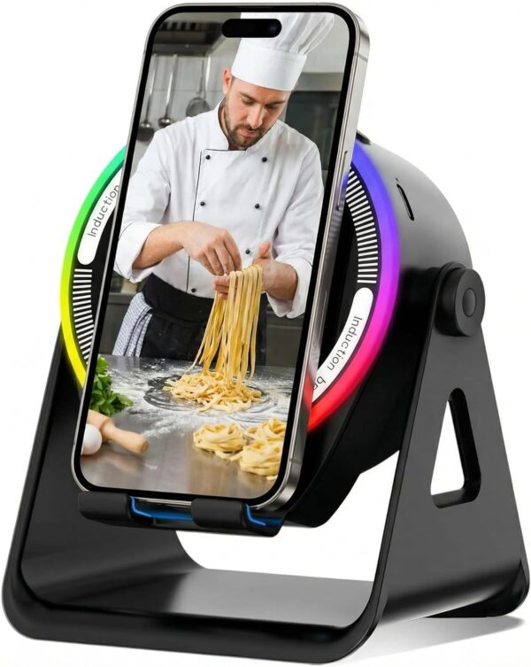 Wireless Induction Speaker, 5-in-1 Bluetooth 5.3 Phone Stand with 360° Rotation & RGB Ambient Light - Cool Tech Gadgets Gifts for Men Women Dad Mom - Compatible iPhone/Android/iPad/Samsung (Black)
