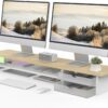 Fenge Monitor Stand, Dual Monitor Riser, 42.5inch Large Desk Computer Monitor Stand Riser with Drawer, 2 Tier Wood & Acrylic Desktop Organizer for Computer, Laptop, Printer, TV Screen Riser
