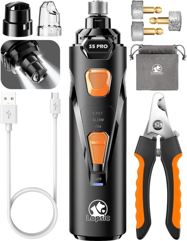 71nrSbudc8L._AC_SL1500_.jpg Whisper Quiet Dog Nail Grinder with 4 LED Lights, Safe & Stress-Free for Sensitive Dogs Cats of All Breeds & Sizes, 3 Grinding Bits, 3-Speed, Pet Nail Trimmers, Rechargeable Painless Grooming Kit