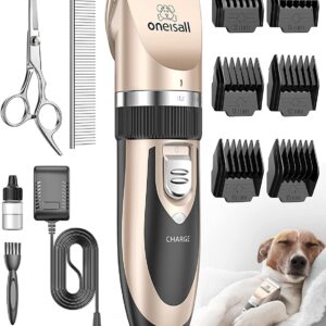 71ntBUTlBLL._AC_SL1500_.jpg oneisall Dog Clipper Low Noise, Dog Grooming Kit with Rechargeable, Pet Shaver Cordless Electric Quiet Hair Clipper Set for Dogs Cats Pets(Gold)