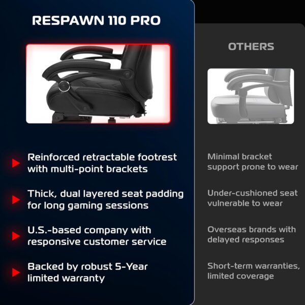 Respawn 110 Pro Ergonomic Gaming Chair with Footrest for Adults - Comfortable Office Gaming Recliner with Lumbar Support and Headrest, Racing Style Video Game Chairs for Computer Gamer - Gray