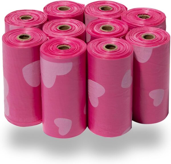 Best Pet Supplies Dog Poop Bags for Waste Refuse Cleanup, Doggy Roll Replacements for Outdoor Puppy Walking and Travel, Leak Proof and Tear Resistant, Thick Plastic - Pink Heart, 150 Bags