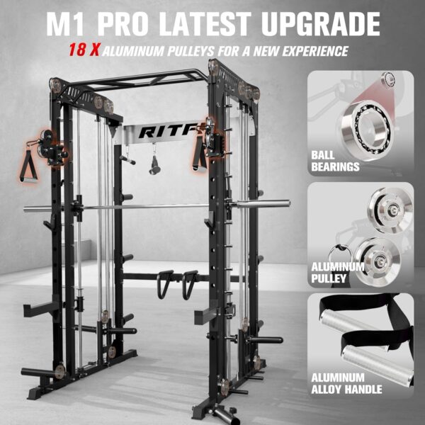 71ojflezGKL._AC_SL1500_.jpg RitFit M1 Pro Smith Machine with Cable Crossover System, Multi-Function Squat Rack Power Cage for Home Gym, Power Rack and Packages