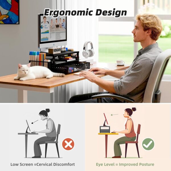 71oxGAUg0gL._AC_SL1500_.jpg Simple Trending Desk Organizer and Accessories, 2-Tier Computer Monitor Stand Riser with Drawer and 2 Pen Holders for Office Supplies, Black