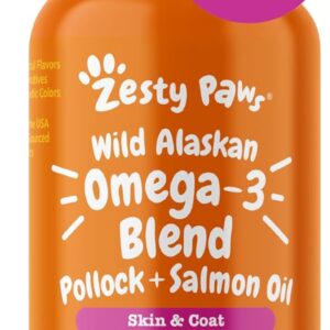 71pEMr3SbL._AC_SL1500_.jpg Zesty Paws Wild Alaskan Omega-3 Blend Pollock + Salmon Oil for Dogs and Cats- Skin and Coat Support, Omega 3 Supplement for Pets, 8.5oz