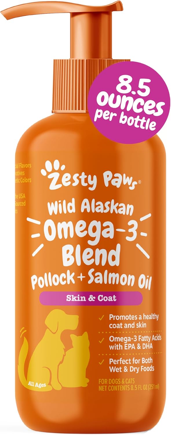 71pEMr3SbL._AC_SL1500_.jpg Zesty Paws Wild Alaskan Omega-3 Blend Pollock + Salmon Oil for Dogs and Cats- Skin and Coat Support, Omega 3 Supplement for Pets, 8.5oz